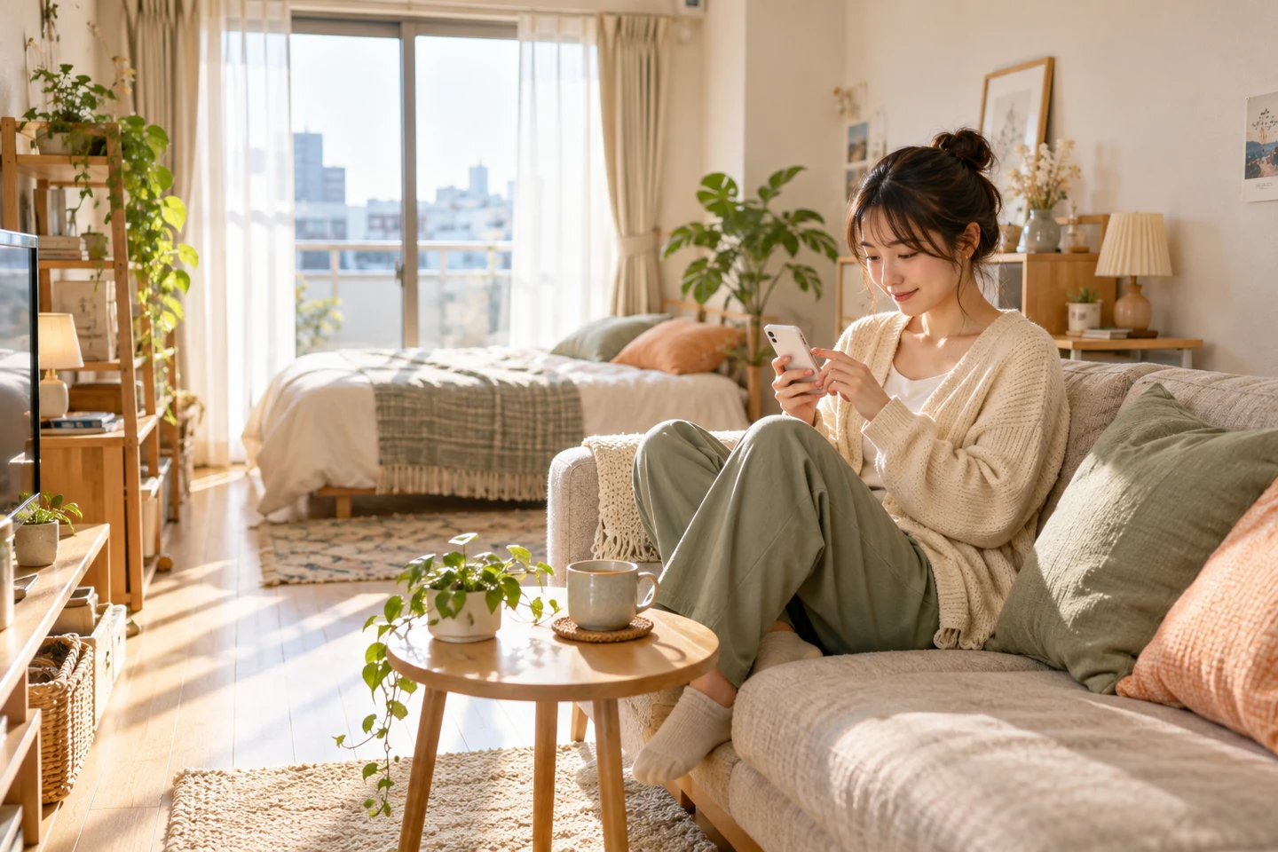 明るいお部屋で、くつろぎながらスマートフォンを見る女性のイメージ