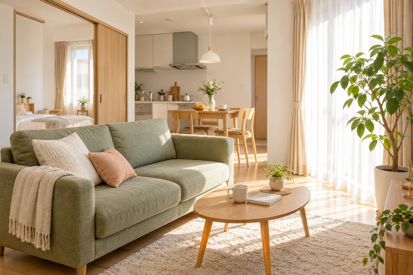 木の家具と柔らかなグリーンを合わせた、明るい賃貸のお部屋のイメージ
